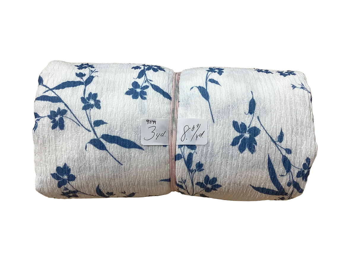 Remnant - seersucker knit, blue floral, 3 yd. @ $8.69/yd.