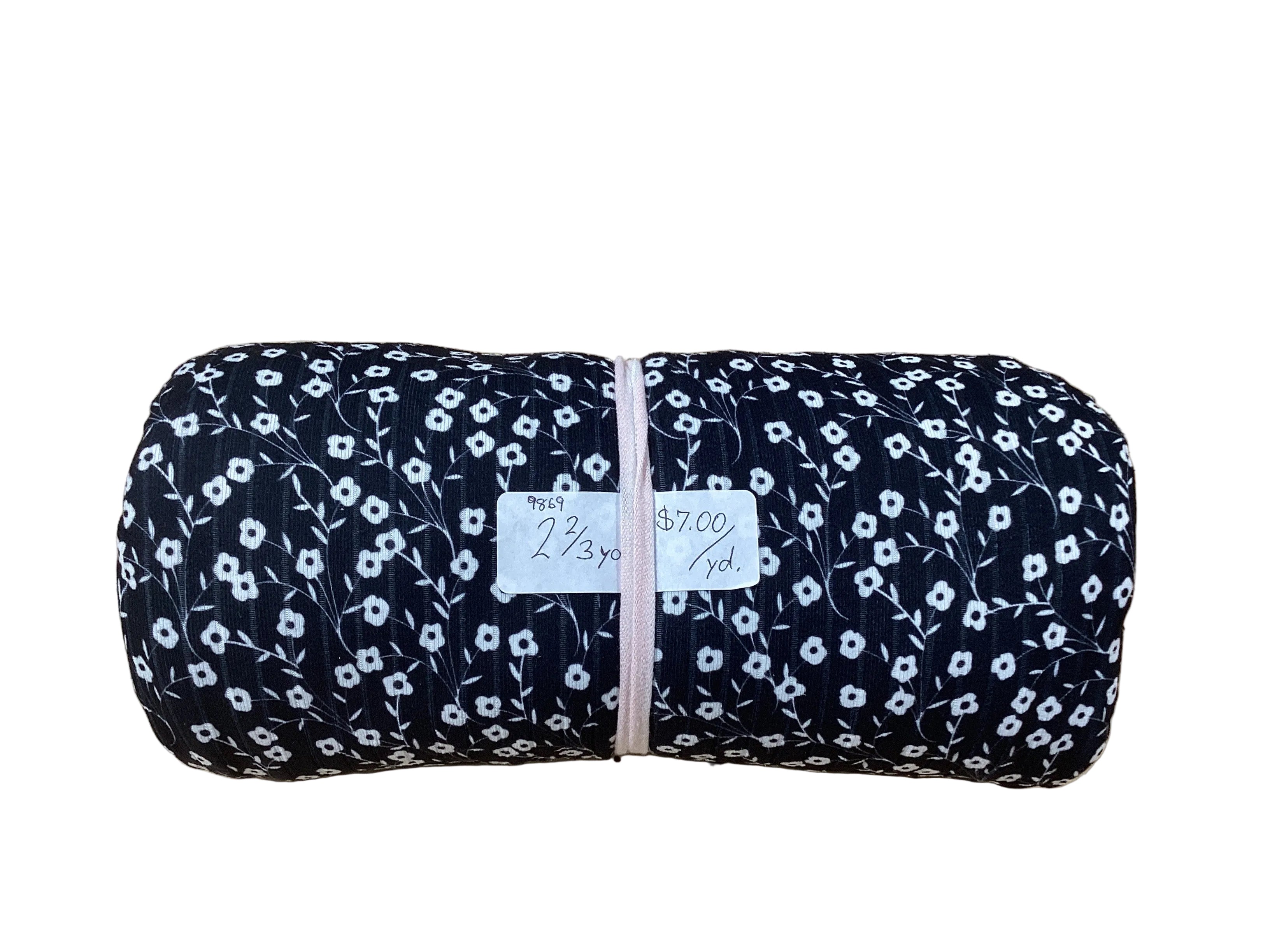 Remnant - brushed rib knit, floral black/white, 2 2/3yd. @ $7.00/yd