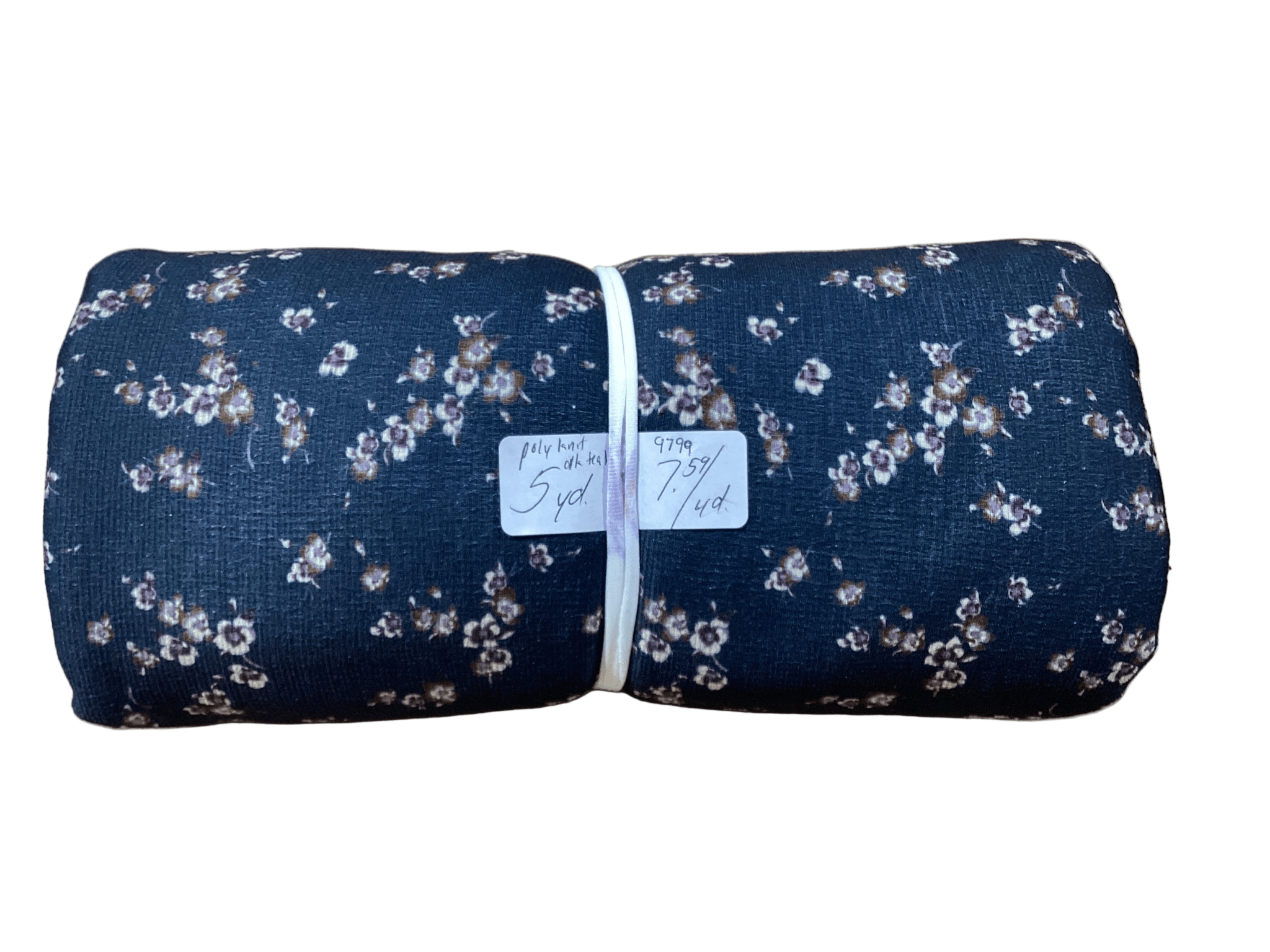 Remnant - poly knit, dark teal, small floral, 5yd. @ $7.59/yd. - Homeplace Market LLC