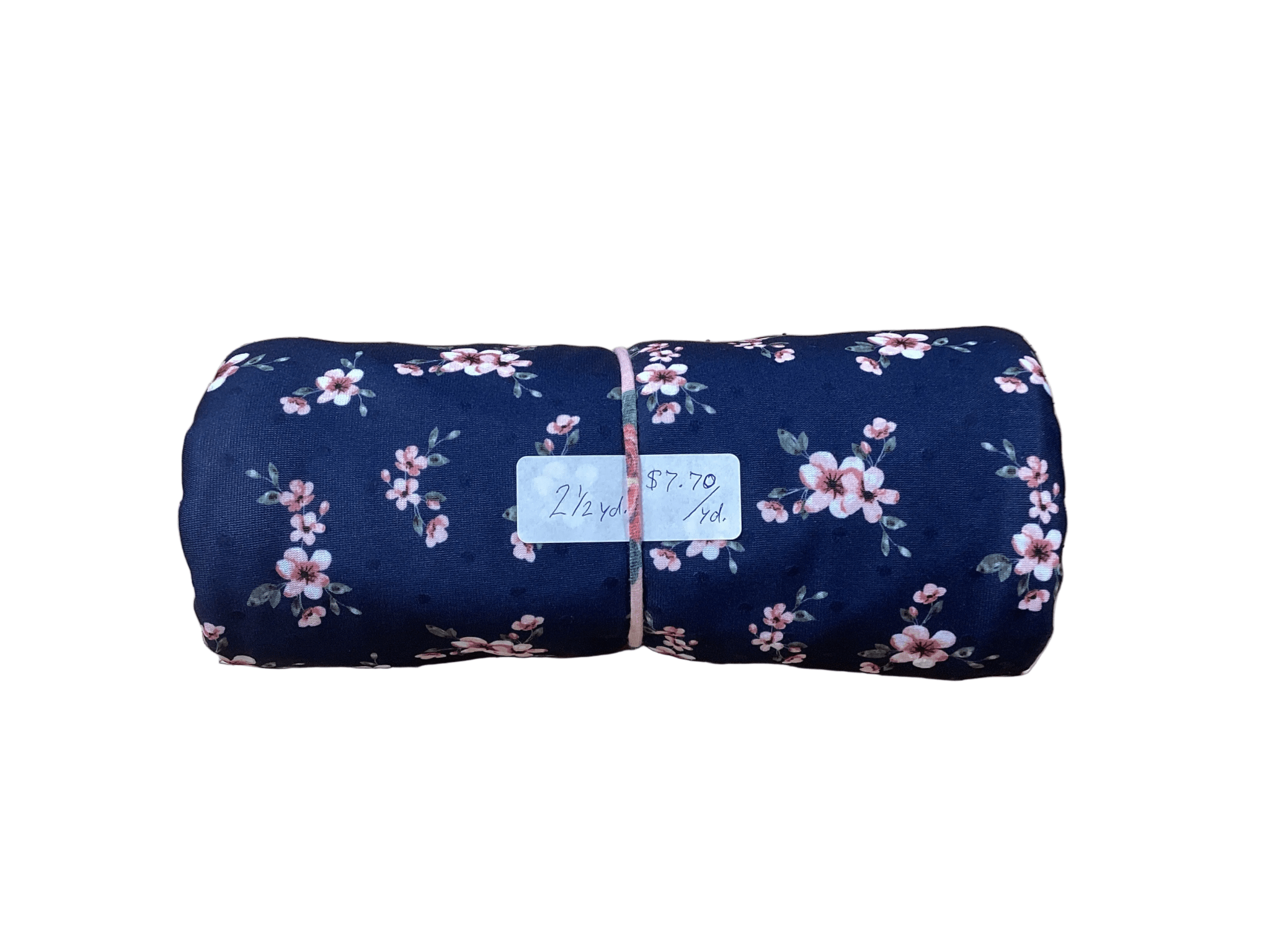 Remnant - Swiss dot, navy w/ pink floral, 2 1/2 yd. @ $7.70/yd. - Homeplace Market LLC