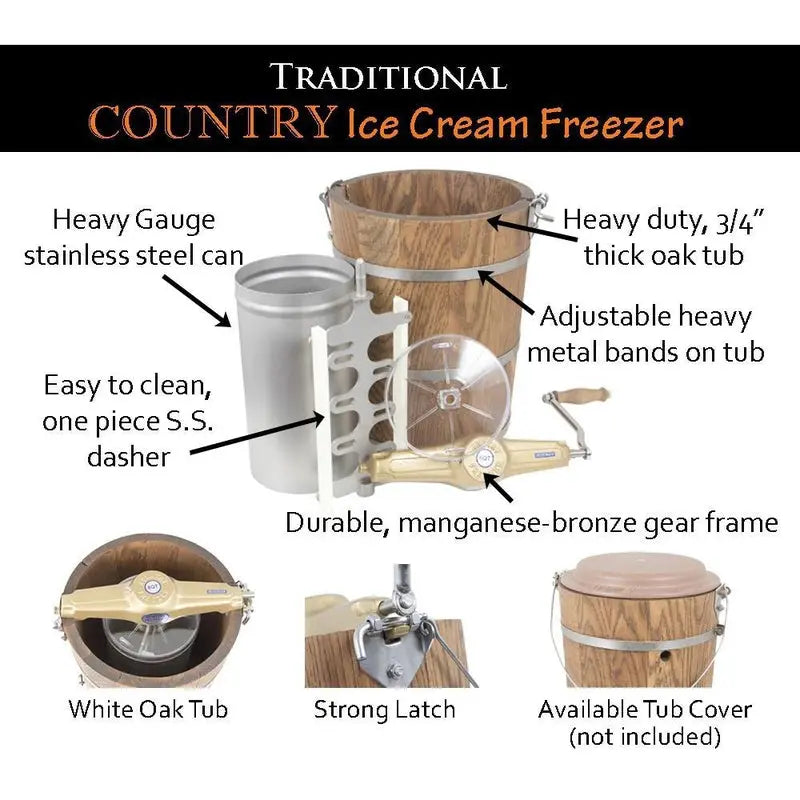 6 qt Country Ice Cream Maker - Classic Wooden Tub - Hand Crank