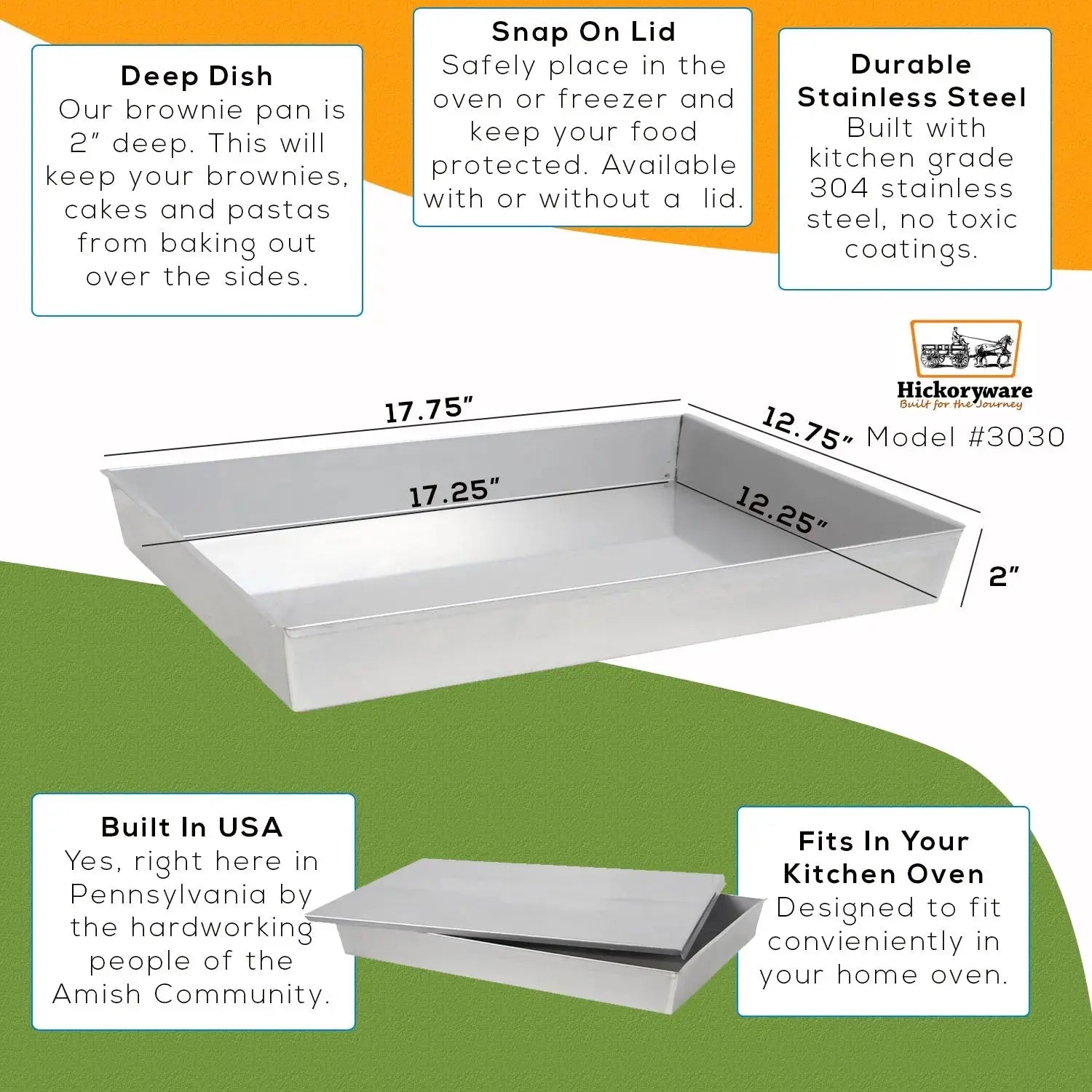 Hickoryware - Deep Brownie Pan with Lid - Stainless Steel - Custom Made in USA - 12"x17" - Homeplace Market LLC