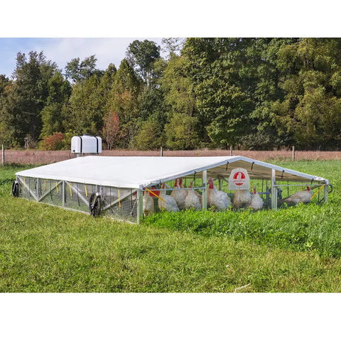 12x24 Alumi-Coop Mobile Chicken Broiler Coop - Coop, Tray Feeders, Bell Waterer, 26 gal Water Tank Coop