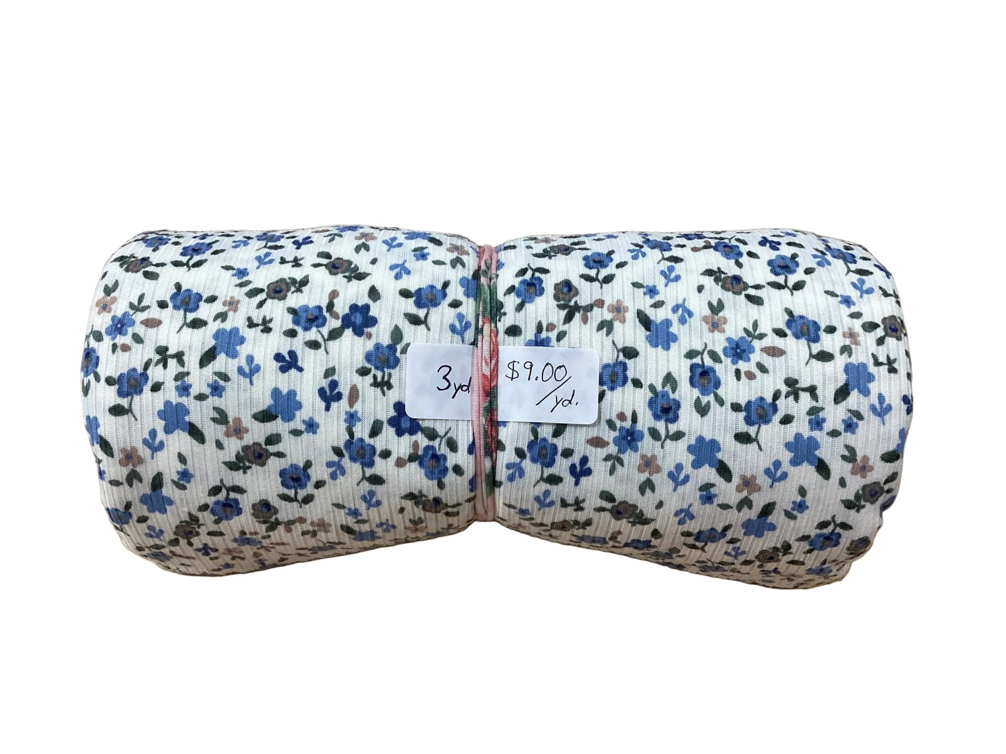 Remnant- brushed rib knit, almond blue floral, 3 yd. @ $9.00/yd. - Homeplace Market LLC