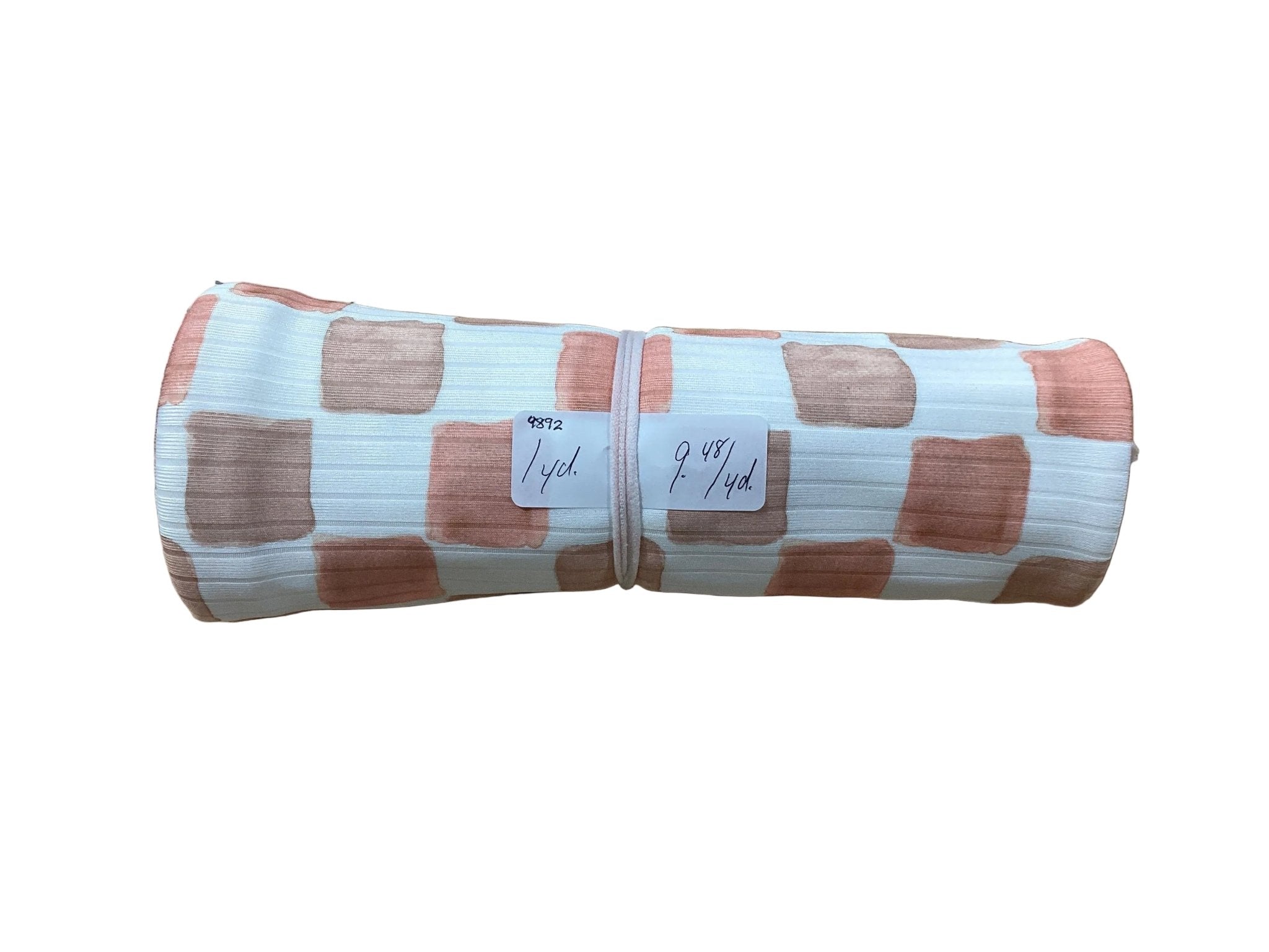 Remnant - wide rib knit, watercolor checks, peach in white, 1 yd. @ $9.48/yd. - Homeplace Market LLC
