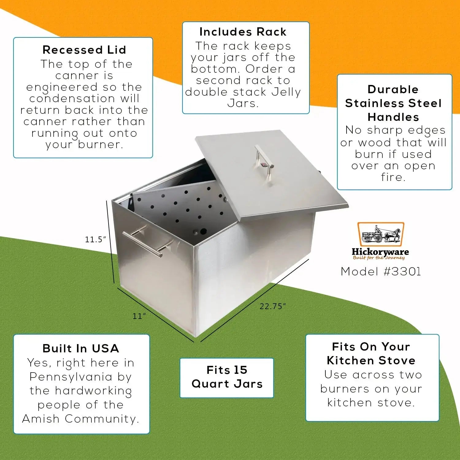 Hickoryware - 15 quart 2022 STYLE - Stove Top Water Bath Canner, Large Stock Pot - Not Polished - Hand Made - Homeplace Market LLC